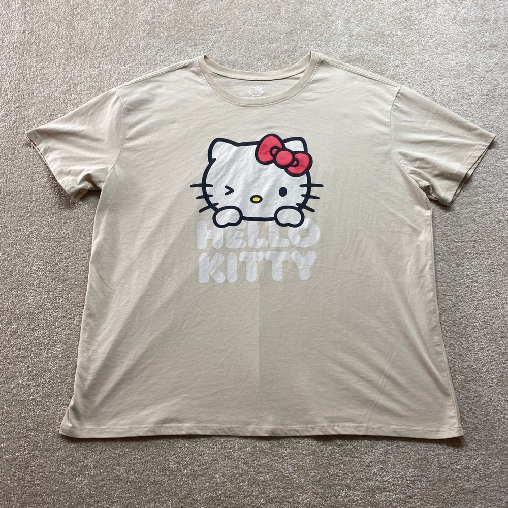 Hello Kitty Shirt‎ Mens 2XL Beige Short Sleeve Crew Neck Casual Top Graphic Tee